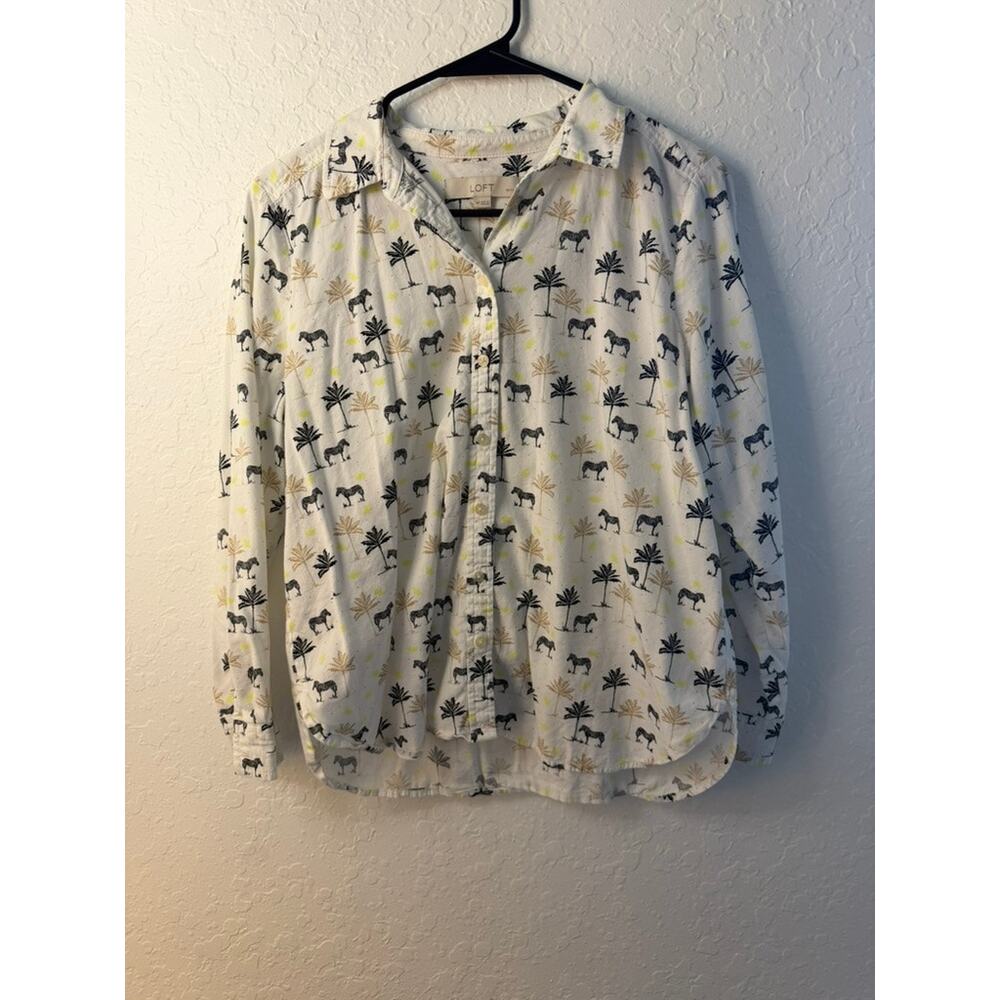 LOFT Petites White Zebra Palm Tree Print Button Down Long Sleeve Shirt Size MP